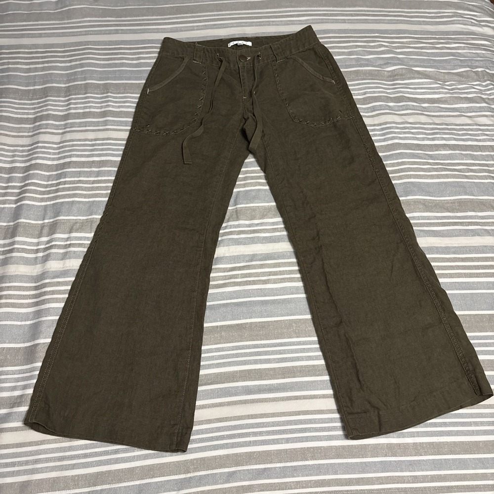 Cabi Olive Green Wide Leg Utility Trousers Pants 100% Linen Whipstitch Size 4